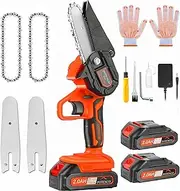 POTENCO Mini Chainsaw, Small Handheld Mini Chainsaws Cordless, Battery Powered Chain Saws with Security Lock and 2 Battery, 4-Inch Electric Chainsaw for Tree Branch Wood Cutting