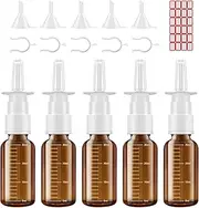 Nasal Spray Bottle, 5 Pcs 30ML/1oz Empty Amber Glass Bottle with Scale, Fine Mister Refillable Spray Bottles with Funnels Travel Lock Clips and Labels