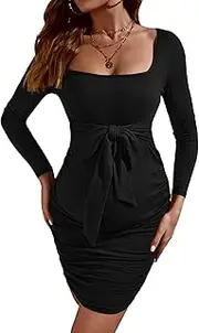 [Floerns] Women's Maternity Long Sleeve Square Neck Tie Front Bodycon Pencil Dress