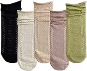 [ZRYLIBYA] Women Cute Roll Top Ankle Socks Breathable Mesh Summer Thin Casual Basic Style Socks 5 Pairs