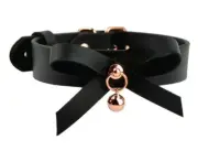 AURUM Stunning Rose Gold Black leather Handcrafted Kitten Bow & Bell Collar C25B