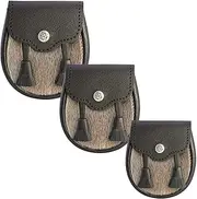 [I LUV LTD] Boys Sporran Semi-Dress Black Leather Inc Chain Belt Brown Faux Fur Large Scottish Made