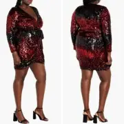 NEW City Chic Irresistible Sequin Long Sleeve Faux Wrap Dress, red silver, 18