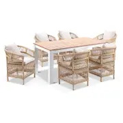 Balmoral 1.8m Outdoor Teak Top Aluminium Table with 6 Malawi Chairs 6 - White - Wheat