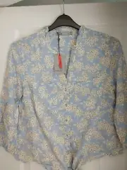 OASIS SHIRT BLOUSE PALE BLUE FLORAL TIE FRONT RUFFLE TRIM UK 12, EUR 40. BNWT