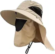 [Generic] Sun for Men & Women Wide Brim Fisherman with Face Cover & Neck Flap s Sun Cap for Hiking Khaki