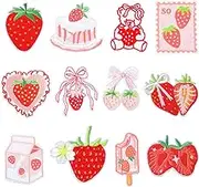 loghohu 12Pcs Strawberry Iron on Patches Embroidered Fruit Patches Pink Iron on Patches Strawberry Patches Sew on Repair Embroidered Applique Repair Patch for Backpacks Pants Clothes Jeans