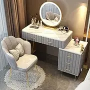 Exquisite Modern Style Dressing Table with Mirror Dimmable LED Light Drawer and Stool Bedside Table Desk for Bedroom