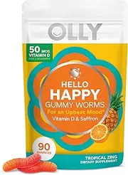 OLLY Hello Happy Gummy Worms, Vitamin D, Saffron, Mood Balance Support, Adult Chewable Supplement, Tropical Zing - 90 Count