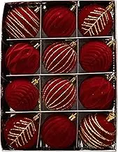 12 Pcs Velvet Christmas Balls 2.4 Inch Xmas Tree Topper Red Green Ornaments Flocked Plastic Shatterproof Bulbs Decorative Hanging Baubles Set Velvet for Outdoor Indoor Decorations (Red)