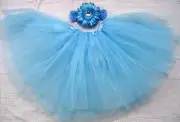 Light Blue Tutu Skirt Ballet Dance Tulle Girl + Flower Clip Crochet Headband
