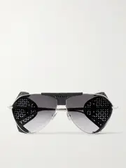 [Alaïa] Alaïa - Aviator-style Perforated Leather And Silver-tone Sunglasses - One size One size Silver