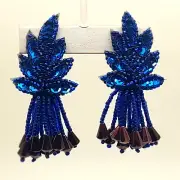 Handmade royal blue seed beaded sequins cli on party Dangle fashion earrings