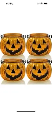 Halloween Pumpkin Glass Candle Holder with Handle 3 Inch Tall Orange Set of 4