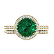 2.72 Round Cut Halo Emerald Stone Ring Band bridal Set 14k Yellow solid Gold