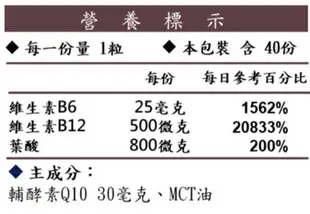 優新能軟膠囊 40粒/盒 Co-Q10 30mg 葉酸 B6 B12