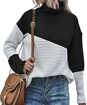 [Generic] Women's Turtleneck Pullover Blouse Long Sleeve Crewneck Knitted Sweaters Casual Cozy Color Block Cable Knit Tunic Tops