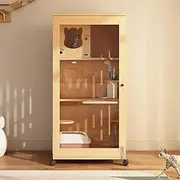 3 Tier Cat Cage, Wooden Cat Playpen, Cat Enclosures, with Light, Tempered Glass, Breathable, Original Wood Color, with Platforms, for Kitten Small Animals(23.6x23.6x47.2in)