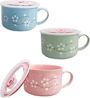 Olutacot 3 Pcs Floral Ceramic Bowl with Lid and Handle 30 Oz Ceramic Soup Bowls Heat Preservation Mug Soup Cup Cereal Noodle Microwavable Bowls for School Office Travel