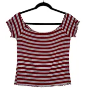 PacSun Crop Top Womens Large Red Blue Off Shoulder Lettuce Scalloped Trim Y2K