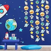 Outer Space Garland, Astronaut Rocket Shooting Star Hanging Decoration, Premium Paper Solar System Hanging Banner, for Kids Room, Space Themed Parties, Birthday Celebrations, Nursery Wall Decor