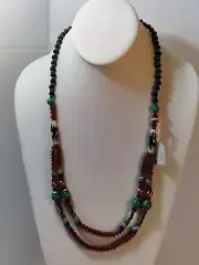 Serrv Malachite Black Red Gold Tone Beaded Necklace Made In Kenya