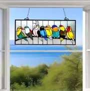 Stained Glass Suncatcher Window Panel of Vibrantly Colorful Birds 25x11in