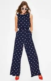 NWT Boden Clarissa Jumpsuit Size US 12 Womens Navy White Polka Dot Wide Leg
