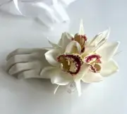 LATEX WEDDING FLOWER BRIDAL CREAM CYMBIDIUM ORCHID WRIST CORSAGE DEB BALL