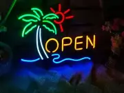 Palm Tree Bar Open Sun 17"x14" Neon Light Sign Lamp Real Glass Beer Wall Decor