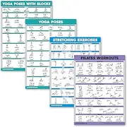 4 Pack - Yoga Block Poses + Pilates Exercise + Yoga Poses Positions + Stretching Posters - Set of Four Fitness Charts