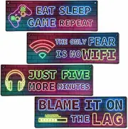 OXRUN 4pcs Neon Gaming Decor for Boys Room, Wooden Video Game Wall Art, Gamer Hanging Plaques for Teen Room Bedroom Playroom Decorations - B04