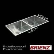 Stainless Steel Kitchen Sink - 865mm Double Bowl 1.0mm Thick - Under/Top Mount
