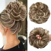 JJstar Hairpiece with Elastic Band, Large Bun Hairpiece, Curly Hair Scrunchie with Hair Updo Hair Extensions, Messy Bun Hairpieces for Women, Girls, Ponytail (Brunette & Ash Blonde)