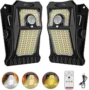 Tryme 118Leds Solar Lights Outdoor Clip Motion Sensor Lights Security Light 3 Modes, 3 Color Temperature, Remote Control, Solar Powered, USB Charging (2 Pack)