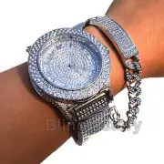 MEN'S ICED HIP HOP WHITE GOLD PT LAB DIAMOND WATCH & ID CUBAN LINK BRACELET