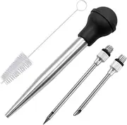Turkey Baster Set of 4,Stainless Steel Marinade Injector Food Syringe Meat Syringe Commerical Grade Rubber Bulb Turkey Meat Injector and Cleaning Brush with 2 Needle for Thanksgiving Kitchen Cooking