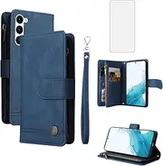 [Asuwish] Phone Case for Samsung Galaxy S23 5G Wallet Cover with Screen Protector and Wrist Strap Credit Card Holder Flip Zipper Stand Cell Accessories S 23 23S GS23 G5 SM-S911U 6.1 inch Women Men Blue