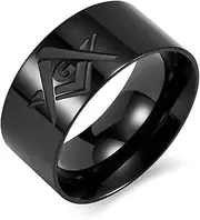 [Meilord] 10mm Freemasonry Ring Stainless Steel Masonic Symbol Rings for Men,Punk Rocker Hip Hop Biker Ring,Size7-12,Silver Black Gold
