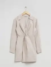 BNWT & Other Stories Front Knot Faux Wrap Linen Shirt Dress Sz 14 Beige Lined