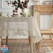 Tootop Linen Tablecloth - Ruffle Patchwork Natural Color Stripe Rectangle Far