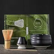 DECONESS Matcha Whisk Set, Jpanese Tea Set with Spoon, Match Bamboo Whisk with Bowl for Matcha Tea, Matcha Green Tea Powder Kit with Matcha Whisk Holder, Black Matcha Powder kit(4PCS)