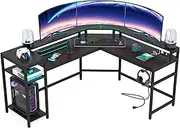 Tribesigns L-Shaped Gaming Desk with Power Outlets & LED Strips, L-Shaped Computer Desk with Storage Shelves, Corner Gaming Desk with Monitor Stand, Black Modern Writing Desk Home Office, Game Room