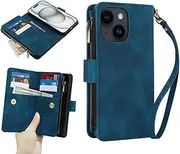 for iPhone 15 Wallet Case with 9 Card Holders,for iPhone 15 Case Zipper Coin Pocket PU Leather Flip Cover Kickstand Protective Phone Purse with Wrist Strap-Blue