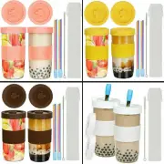 2 X 710ml Bubble Tea Cups Kit with Lid & Straw Reusable Wide Mouth Smoothie Cups