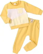 [Eaerobc] Toddler Girl Color Block Fall Winter Outfit Set Long Sleeve Stretchy Sweatshirt Tops Pants Kids 2Pcs Clothes