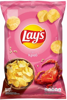 8 packages of Lays potato chips with a taste of crab 120 g. Crab flavored snacks