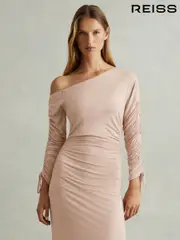 Reiss Blush Cyra Petite One-Shoulder Ruched-Jersey Midi Dress (E04246) | $325