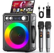 VOSOCO Karaoke Machine, Portable Bluetooth Karaoke Speaker with 2 Wireless Microphones, PA System for Adults Kids with LED Lights, Supports REC/FM/AUX/USB/TF for Home Party