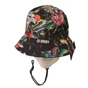 Ed Hardy Men's Quilted Brim Bucket Hat Skull Tiger Brave HeartsBlack Red